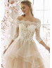 Off Shoulder Ivory Lace Champagne Tulle Ruffle Wedding Dress